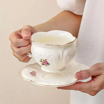 S.ROKE TTAN Porcelain Coffee Cup Set (6.8 oz, 2 pcs), Vintage Floral Series, European Style, Includes Saucer & Spoon, Reusable for Coffee & Tea Lovers