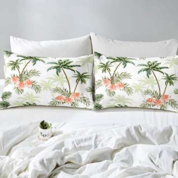 Erosebridal Palm Tree Bedding Set Vintage Red Flower Duvet Cover Hawaiian Tropical Leaves Comforter Cover Plant Petals Green Branches Bedspread Cover for Kid Adult, Decor 3 Pcs Queen Size