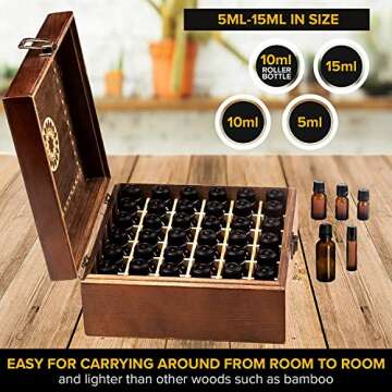 Beautiful Essential Oil Storage Organizer Box 36 Bottle - Holds 5-15ml &10ml Roller Bottles - Free Roller Bottle Opener & 192 EO Labels - Wooden Oil Case Holder