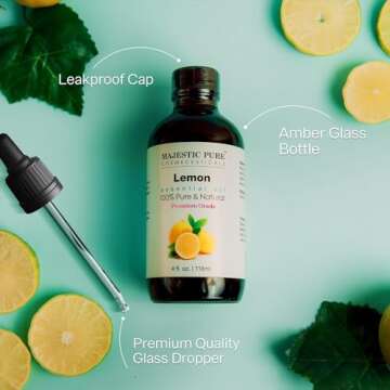 Majestic Pure Lemon Essential Oil with Glass Dropper | 100% Pure and Natural Lemon Oil | Premium Grade Essential Oils for Diffusers, Skin, Aromatherapy, Massage | 4 Fl Oz