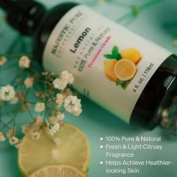 Majestic Pure Lemon Essential Oil with Glass Dropper | 100% Pure and Natural Lemon Oil | Premium Grade Essential Oils for Diffusers, Skin, Aromatherapy, Massage | 4 Fl Oz