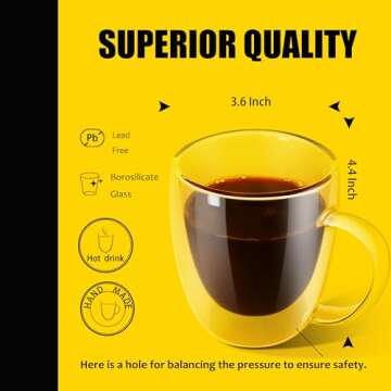 PunPun Coffee Cups Clear12.9OZ. 380ml Coffee Mugs, Clear Mugs Glass Cups,Double Wall Clear Glass Coffee Mugs with Big Handle,Perfect Glass Mugs for Hot Beverages, Latte, Cappuccinos Set of 2