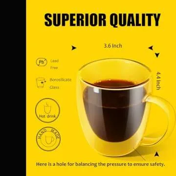 PunPun Coffee Cups Clear12.9OZ. 380ml Coffee Mugs, Clear Mugs Glass Cups,Double Wall Clear Glass Coffee Mugs with Big Handle,Perfect Glass Mugs for Hot Beverages, Latte, Cappuccinos Set of 2