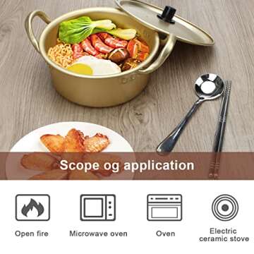 AHIER Ramen Pot, Korean Ramen Cooking Pot With Lid Spoon and Chopsticks (1pair), Korean Ramen Noodle Pot Fast Heating For Kitchen Cookware (Double handle) (6.3in)