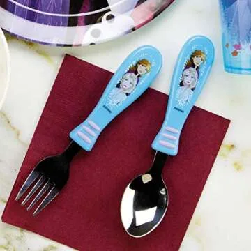 Zak Designs Disney Flatware Fun Character Art on Both Utensils Non Slip Fork and Spoon Perfect for Encouraging Picky Kids to Finish Their Plates (2 pk, BPA-Free), 2 sets, Frozen 2 Anna and Elsa
