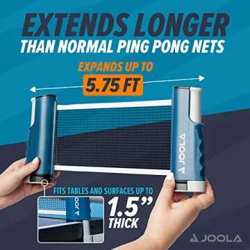 JOOLA Retractable Ping Pong Net - Ping Pong Net for Any Table - Portable Table Tennis Net and Post Set Stretches 5.75’ & Clamps to Any Table Up to 2” - Optional Racket and Ball Set, Games for Family