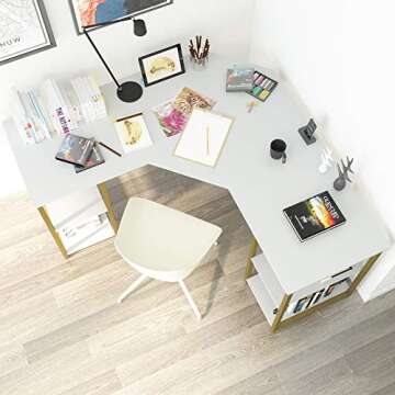 Elephance Large L-Shaped Computer Desk with Shelves, Modern Home Office Corner Desk, Writing Workstation, Gaming Desk with Storage(White and Gold Frame)