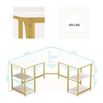 Elephance Large L-Shaped Computer Desk with Shelves, Modern Home Office Corner Desk, Writing Workstation, Gaming Desk with Storage(White and Gold Frame)