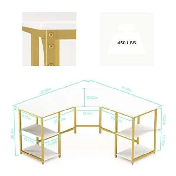 Elephance Large L-Shaped Computer Desk with Shelves, Modern Home Office Corner Desk, Writing Workstation, Gaming Desk with Storage(White and Gold Frame)