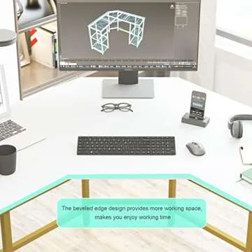 Elephance Large L-Shaped Computer Desk with Shelves, Modern Home Office Corner Desk, Writing Workstation, Gaming Desk with Storage(White and Gold Frame)