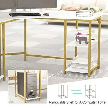 Elephance Large L-Shaped Computer Desk with Shelves, Modern Home Office Corner Desk, Writing Workstation, Gaming Desk with Storage(White and Gold Frame)
