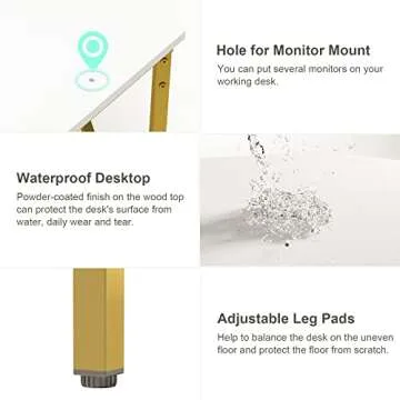 Elephance Large L-Shaped Computer Desk with Shelves, Modern Home Office Corner Desk, Writing Workstation, Gaming Desk with Storage(White and Gold Frame)