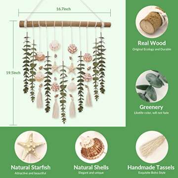 Bathroom Wall Decor Artificial Eucalyptus Boho Bedroom Decor Fake Eucalyptus Plants Leaves with Seashell on Stick Coastal Decor Natural Home Decorations for Living Room Nursery Kitchen