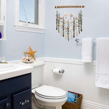 Bathroom Wall Decor Artificial Eucalyptus Boho Bedroom Decor Fake Eucalyptus Plants Leaves with Seashell on Stick Coastal Decor Natural Home Decorations for Living Room Nursery Kitchen