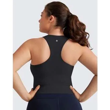 CRZ YOGA Womens Seamless Ribbed Longline High Neck Sports Bra - Racerback Padded Slim Fit Crop Tank Top with Built in Pads