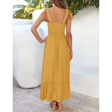 ZESICA Women's 2025 Summer Boho Spaghetti Strap Square Neck Solid Color Ruffle A Line Beach Long Maxi Dress,Mustard,Large