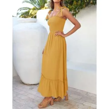 ZESICA Women's 2025 Summer Boho Spaghetti Strap Square Neck Solid Color Ruffle A Line Beach Long Maxi Dress,Mustard,Large