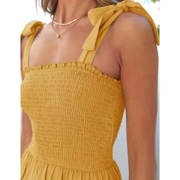 ZESICA Women's 2025 Summer Boho Spaghetti Strap Square Neck Solid Color Ruffle A Line Beach Long Maxi Dress,Mustard,Large