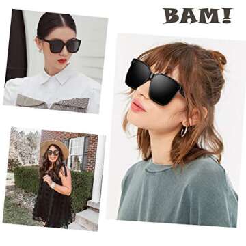 DeBuff Polarized Women Oversized Sunglasses Square Horn Rimmed Stylish Shades with Flat Lens（Black, Gray）