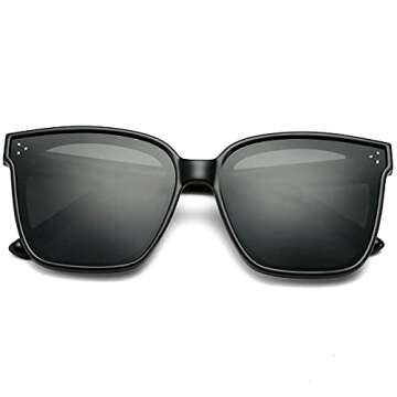 DeBuff Polarized Women Oversized Sunglasses Square Horn Rimmed Stylish Shades with Flat Lens（Black, Gray）