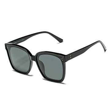 DeBuff Polarized Women Oversized Sunglasses Square Horn Rimmed Stylish Shades with Flat Lens（Black, Gray）