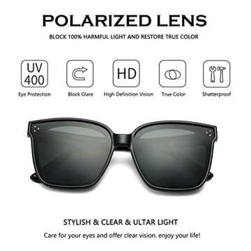 DeBuff Polarized Women Oversized Sunglasses Square Horn Rimmed Stylish Shades with Flat Lens（Black, Gray）