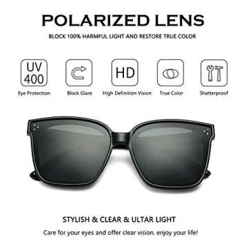 DeBuff Polarized Women Oversized Sunglasses Square Horn Rimmed Stylish Shades with Flat Lens（Black, Gray）