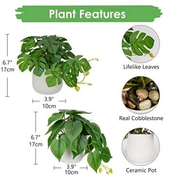 GnFlus Fake Plants Set of 2 Artificial Plants Faux Pothos with White Ceramic Pots Fake Potted Plants Artificial Decor for Home Bathroom Shelf Desk Indoor