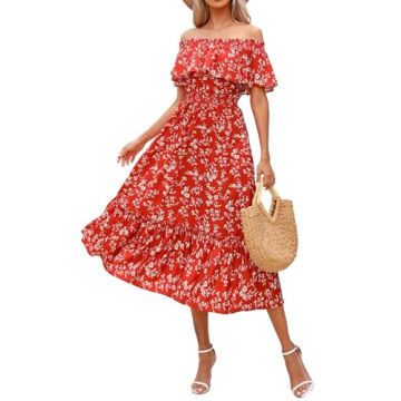 Prettywear Women's 2025 Summer Casual Boho Off Shoulder Midi Dress Floral Print Short Sleeve A Line ...