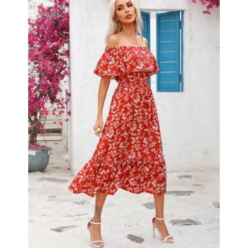 Prettywear Women's 2025 Summer Casual Boho Off Shoulder Midi Dress Floral Print Short Sleeve A Line Flowy Beach Vacation Dresses(Redwhite Floral, XS)