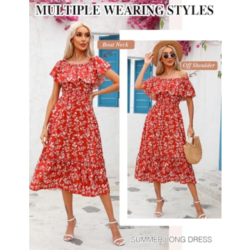 Prettywear Women's 2025 Summer Casual Boho Off Shoulder Midi Dress Floral Print Short Sleeve A Line Flowy Beach Vacation Dresses(Redwhite Floral, XS)