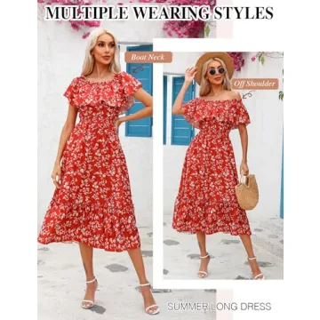 Prettywear Women's 2025 Summer Casual Boho Off Shoulder Midi Dress Floral Print Short Sleeve A Line Flowy Beach Vacation Dresses(Redwhite Floral, XS)