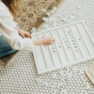 Stiles 23"x17" Tile Letter Board Sign Set, Wooden Message Board with 122 Letter Tiles and Numbers, Changeable Letterboard for Menu, Milestone, or Baby Announcement Sign, White