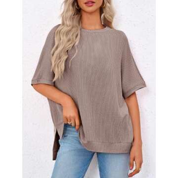 Tankaneo Womens Oversized T Shirts Summer Casual Loose Fit Striped Knit Batwing Sleeves Tunic Tops K...