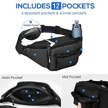 NOOLA Fanny Pack Waist Bag for Men Women, Lightweight Waist Pack with Water Bottle Holder, Adjustable Belt Bag with Multi-Pockets for Hiking, Dog Walking, Outdoor, Cycling, Running, Travel, Black