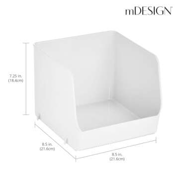 mDesign Plastic Stackable XL Food Storage Organizer Container Bin Basket with Open Front for Kitchen Refrigerator, Cabinets, Freezer, Pantry, Fridge, or Bathrooms - Ligne Collection - 4 Pack - White