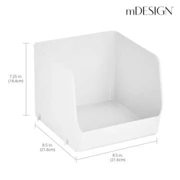 mDesign Plastic Stackable XL Food Storage Organizer Container Bin Basket with Open Front for Kitchen Refrigerator, Cabinets, Freezer, Pantry, Fridge, or Bathrooms - Ligne Collection - 4 Pack - White