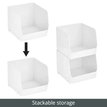 mDesign Plastic Stackable XL Food Storage Organizer Container Bin Basket with Open Front for Kitchen Refrigerator, Cabinets, Freezer, Pantry, Fridge, or Bathrooms - Ligne Collection - 4 Pack - White