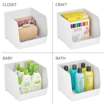 mDesign Plastic Stackable XL Food Storage Organizer Container Bin Basket with Open Front for Kitchen Refrigerator, Cabinets, Freezer, Pantry, Fridge, or Bathrooms - Ligne Collection - 4 Pack - White