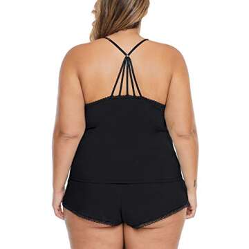 XAKALAKA Women Plus Size Pajamas Cami Shorts Set Nightwear Sexy Lace Lingerie Sleepwear Black XXL