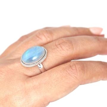 JEWELOPORIUM White Moonstone Silver Ring - Size 9.5, Handmade 925 Sterling Silver Jewelry for Women