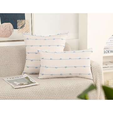 NUYECY Set of 2 Boho Throw Pillow Covers 26x26,Light Blue and White Neutral Couch Pillow Case with T...