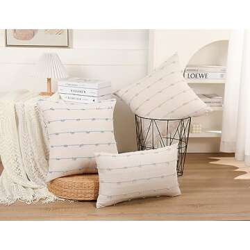 NUYECY Set of 2 Boho Throw Pillow Covers 26x26,Light Blue and White Neutral Couch Pillow Case with Tassel Fringe Decorative,Modern Accent Farmhouse Cushion Covers for Sofa Couch Bed Living Room