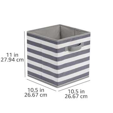 Amazon Basics Cube Organizer Storage Bins Handles, Collapsible Fabric, Pack of 6, 10.5"x10.5"x11", White/ Light Grey Stripe