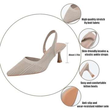 NourIron Women’s Knit Slingback Kitten Heel Mules Breathable Mesh Closed Pointed Toe Elastic Ankle Strap Stiletto High Heel Dress Pumps for Formal Bridal Wedding Party (Apricot,8.5)