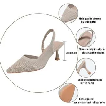 NourIron Women’s Knit Slingback Kitten Heel Mules Breathable Mesh Closed Pointed Toe Elastic Ankle Strap Stiletto High Heel Dress Pumps for Formal Bridal Wedding Party (Apricot,8.5)