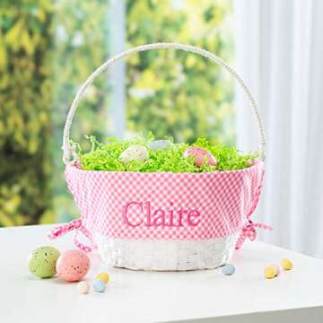 Personalized Easter Egg Basket with Handle and Custom Name | Pink Gingham Easter Basket Liners | Whi...