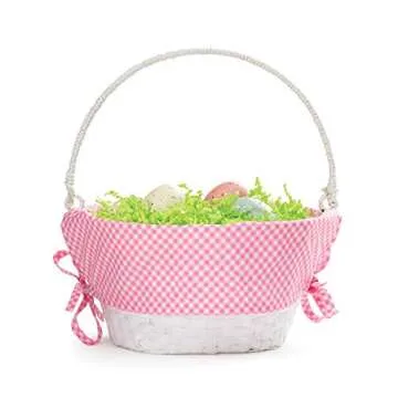 Personalized Easter Egg Basket with Handle and Custom Name | Pink Gingham Easter Basket Liners | White Basket | Woven Easter Baskets for Kids and Adults | Customized Easter Basket | Gift for Easter
