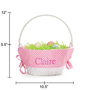 Personalized Easter Egg Basket with Handle and Custom Name | Pink Gingham Easter Basket Liners | White Basket | Woven Easter Baskets for Kids and Adults | Customized Easter Basket | Gift for Easter
