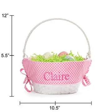 Personalized Easter Egg Basket with Handle and Custom Name | Pink Gingham Easter Basket Liners | White Basket | Woven Easter Baskets for Kids and Adults | Customized Easter Basket | Gift for Easter